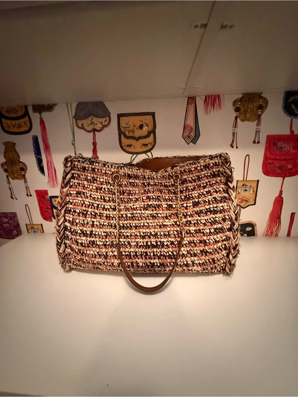 Tory Burch Multicolor Woven Raffia Tote with Gold Chain